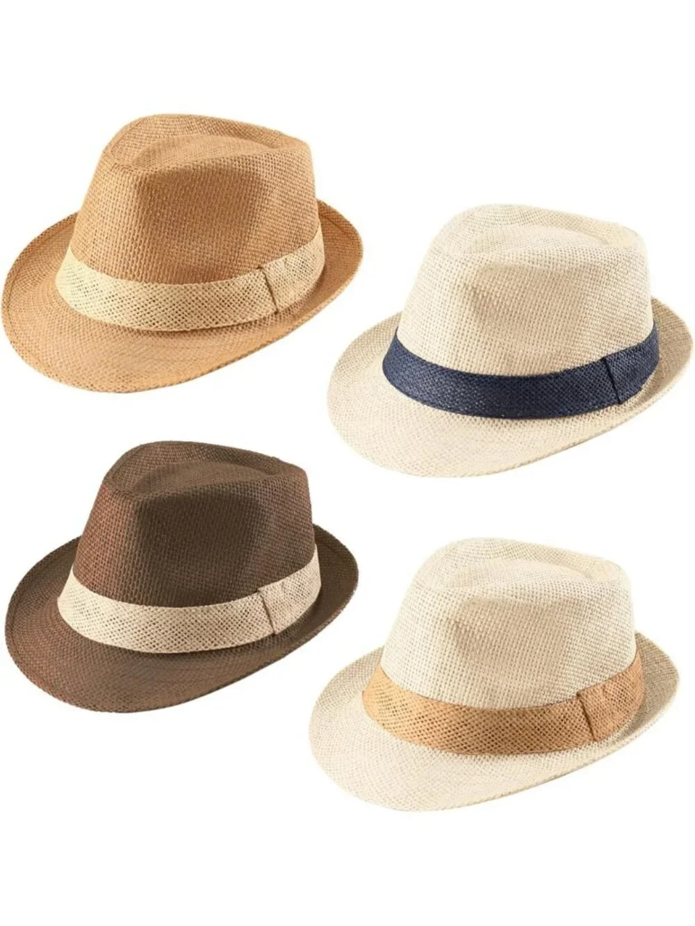 4 Pack Straw Fedora Hats for Men & Women - Classic Short Brim Panama Beach Hats
